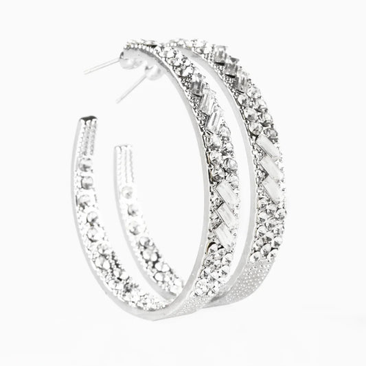 Glitzy By Association - White Rhinestone Hoop Earring