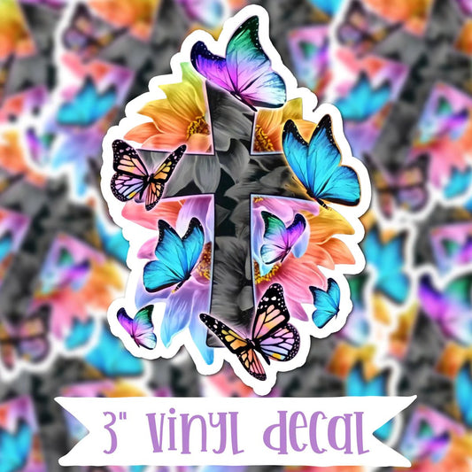 Floral & Butterfly Cross Sticker Decal